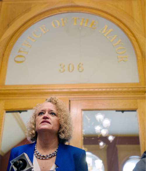 Steve Griffin  |  The Salt Lake Tribune

Salt Lake Mayor Jackie Biskupsk talks with the media following Oath of Office Ceremony for her and council members Andrew Johnston, Derek Kitchen and Charlie Luke at the City & County Building in Salt Lake City, Monday, January 4, 2016.