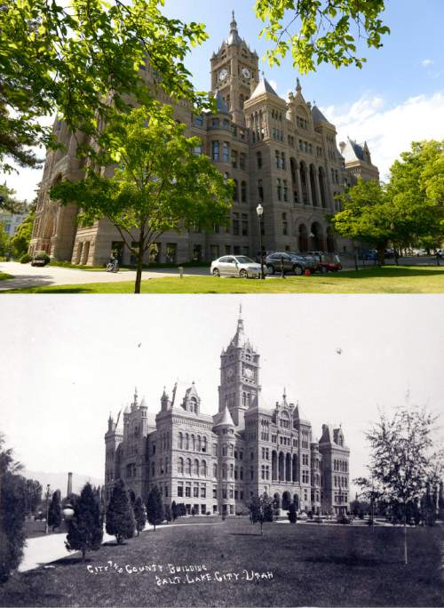 Leah Hogsten  |  The Salt Lake Tribune
The City County Building is seen on May 20, 2014 in the top frame and again shortly after construction was completed in the 1890s.
