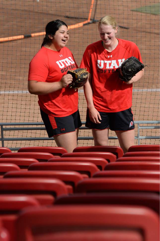 Francisco Kjolseth | The Salt Lake Tribune
Utah softball pitchers Miranda Viramontes, left, and Katie Donovan share a laugh before heading out of town to battle Florida State this weekend in the final 16. The team had a season-long goal to make it to Super Regionals. Now they're here for the first time since 1994.