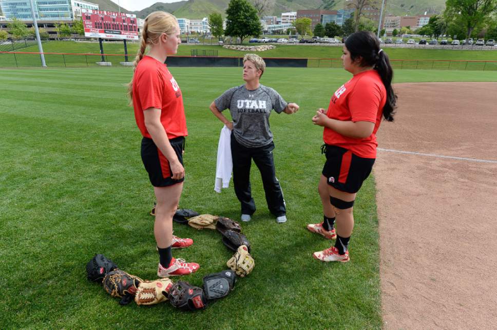 Francisco Kjolseth | The Salt Lake Tribune
Utah softball coach Amy Hogue, center, speaks with pitchers, Katie Donovan, left, and Miranda Viramontes during practice before heading out of town to battle Florida State this weekend in the final 16. The team had a season-long goal to make it to Super Regionals. Now they're here for the first time since 1994.