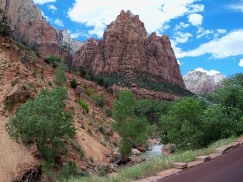 Bill McGuire  |  Special to The Tribune
The Virgin River cuts through the Sentinel slide path, seen on the left, in Zion Canyon on May 19, 2016.