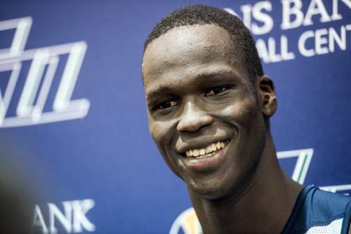 Chris Detrick  |  The Salt Lake Tribune
Thon Maker talks to members of the media at the Zions Bank Basketball Center Wednesday May 25, 2016.