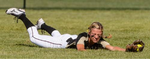 Trent Nelson  |  The Salt Lake Tribune
Maple Mountain's Ellie Ashman (4) makes a diving catch as Spanish Fork defeats Maple Mountain in the 4A high school softball championship game, Taylorsville, Thursday May 26, 2016.