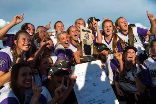 Chris Detrick  |  The Salt Lake Tribune
Members of the Riverton softball team celebrate after winning the 5A championship game at Valley Regional Softball Complex Thursday May 26, 2016. Riverton defeated West 13-11.