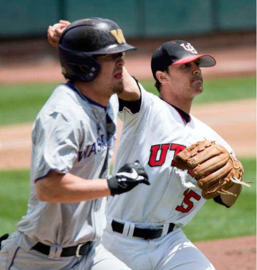 Steve Griffin / The Salt Lake Tribune

University of Utah pitcher Jayson Rose fires to first after scooping up a Washington bunt during first game of a series for the Pac-12 title and an NCAA berth at Smith's Ballpark  in Salt Lake City Friday May 27, 2016. Washington defeated Utah 5-4.