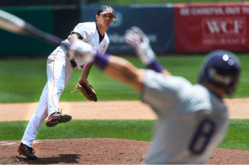 Steve Griffin / The Salt Lake Tribune

University of Utah pitcher Jayson Rose follows through on a pitch as he strikes out Washington's MJ Hubbs during first game of a series for the Pac-12 title and an NCAA berth at Smith's Ballpark  in Salt Lake City Friday May 27, 2016. Washington defeated Utah 5-4.