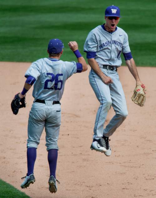 Steve Griffin / The Salt Lake Tribune

Washington players Levi Jordan, left, and AJ Graffanino leap into the air after completing a game ending double play during first game of a series against Utah for the Pac-12 title and an NCAA berth at Smith's Ballpark  in Salt Lake City Friday May 27, 2016. Washington defeated Utah 5-4.