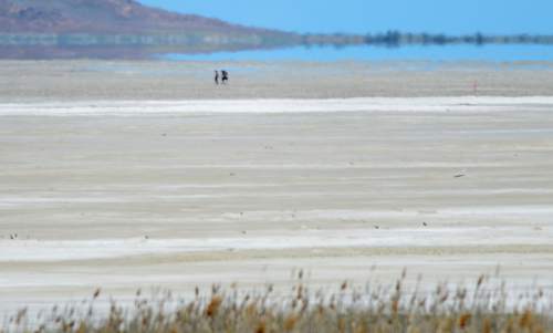 Steve Griffin / The Salt Lake Tribune

People walk on the dry lake bottom of the Great Salt Lake in Salt Lake City Thursday May 26, 2016. The drying of the lake could lead to toxic dust clouds that may impact the new prison. A new study from a University of Utah professor intends to determine what is in the dust that inmates and guards may breathe.