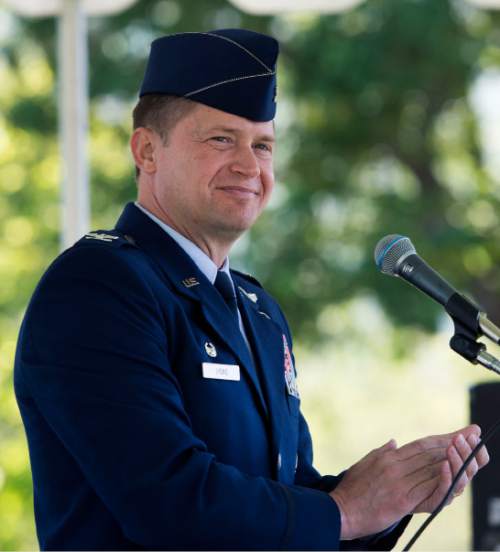 Steve Griffin / The Salt Lake Tribune

Keynote speaker Col. David B. Lyons, who is the commander of the 388th Fighter Wing of Hill Air Force Base in Utah, addresses attendees as Kaysville Parks & Recreation, American Legion Post 27 and Lindquist Mortuaries welcome and honor veterans in a Memorial Day celebration at the Kaysville City Cemetery in Kaysville on Monday, May 30, 2016.