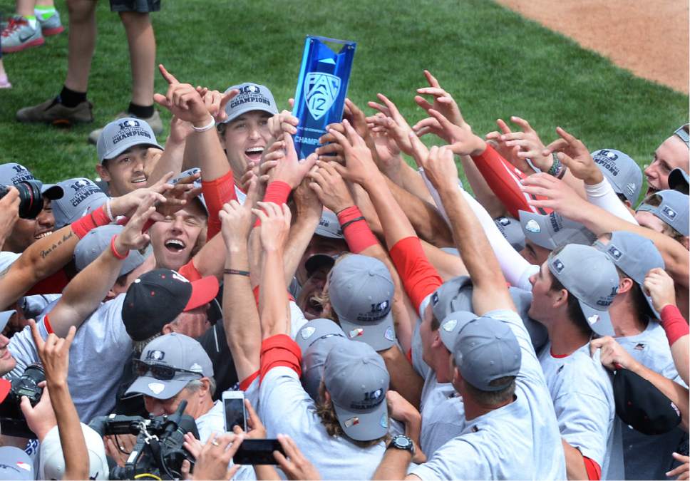 Scott Sommerdorf   |  The Salt Lake Tribune  
Utah celebrates winning it's first Pac-12 baseball championship by defeating Washington 21-7, Sunday, May 29, 2016.