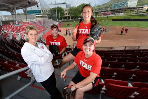 Francisco Kjolseth | The Salt Lake Tribune
Utah softball coach Amy Hogue, joined by players Kayce Nieto, Shelby Pacheco and Kristen Stewart, from left, will be heading out of town to battle Florida State this weekend in the final 16. The team had a season-long goal to make it to Super Regionals. Now they're here for the first time since 1994.