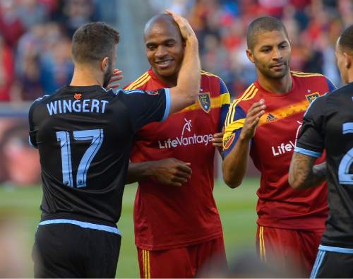 Leah Hogsten  |  The Salt Lake Tribune
Former RSL player, New York City FC defender Chris Wingert (17) greets Real Salt Lake defender Jamison Olave (4). Real Salt Lake leads New York City FC 1-0 at Rio Tinto Stadium, Saturday, May 23, 2015.