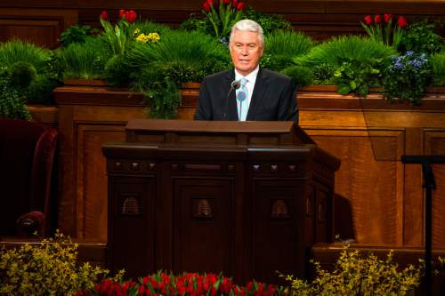 Chris Detrick  |  The Salt Lake Tribune
President Dieter F. Uchtdorf, second counselor in the First Presidency, speaks during the 185th Annual LDS General Conference Saturday April 4, 2015.