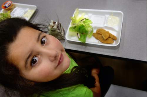 Scott Sommerdorf   |  The Salt Lake Tribune  
Leslie Fuentes is about to eat her lunch of chicken fingers, salad, and a fruit cup at Esperanza Elementary on Wednesday, June 1, 2016. The Utah Food Bank, which administers the free-lunch program at sites across the Beehive State, expects to provide 49,000 lunches or snacks to youngsters this summer.