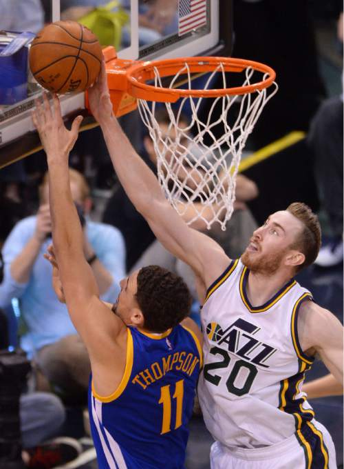 Steve Griffin  |  The Salt Lake Tribune


Utah Jazz forward Gordon Hayward (20) blocks a shot by Golden State's Clay Thompson but was called for a foul during Jazz versus Warriors NBA game at Vivint Smart Home Arena in Salt Lake City, Wednesday, March 30, 2016.