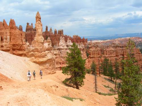 Tribune File Photo

Hikers approach "hoodoos" on the Peekaboo Trail in Bryce Canyon National Park.