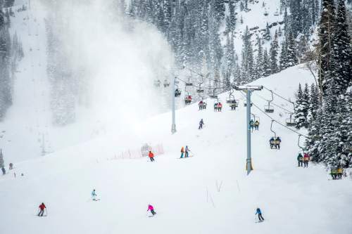 Chris Detrick  |  The Salt Lake Tribune
Skiers go down Lowest Bassackwards and ride up the Mid-Gad lift at Snowbird Wednesday December 30, 2015.