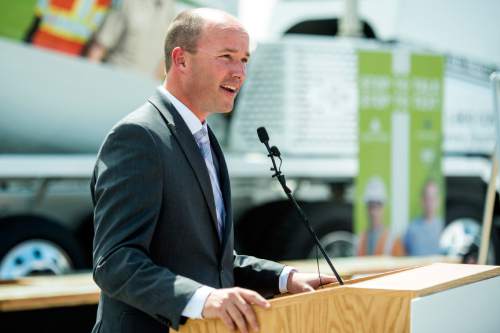 Chris Detrick  |  The Salt Lake Tribune
Lt. Governor Spencer Cox speaks during a 'Stop to Talk, Stop to Text' safety initiative press conference in at Staker Parson Paving in Draper Thursday June 2, 2016.