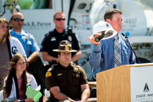 Chris Detrick  |  The Salt Lake Tribune
Lee Goodrich speaks about his nephew Chet Goodrich, who was killed a year ago by a distracted driver, during a 'Stop to Talk, Stop to Text' safety initiative press conference in at Staker Parson Paving in Draper Thursday June 2, 2016.