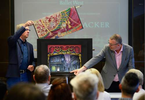 Scott Sommerdorf   |  The Salt Lake Tribune  
John Cook, scenic designer, left, and Michael Currey, vice president of production, show their updated production elements for "The Nutcracker" at Ballet West, on Wednesday, June 1, 2016.