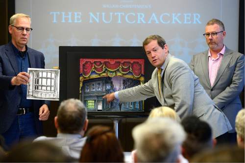 Scott Sommerdorf   |  The Salt Lake Tribune  
John Cook, scenic designer, left, Adam Sklute, artistic director, center, and Michael Currey, vice president of production, show their updated production elements for "The Nutcracker"  at Ballet West, Wednesday, June 1, 2016.