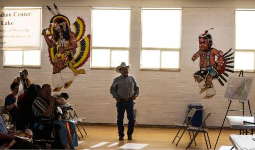 Steve Griffin / The Salt Lake Tribune

Utah Dine Bikeyah board member Albert Holiday prepares for a meeting during a  stop at the Urban Indian Center in Salt Lake City Wednesday June 1, 2016.  The board members are touring the state meeting with Native Americans to drum up support for the Bears Ears national monument and answer questions in the face of allegations their groups is a front for outside environmental groups.