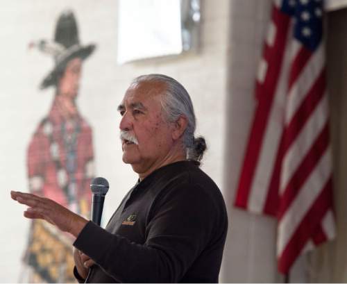 Steve Griffin  |  The Salt Lake Tribune
Utah Dine Bikeyah chairman Willie Grayeyes answers questions during a stop at the Urban Indian Center in Salt Lake City Wednesday June 1, 2016.  Five board members are touring the state meeting with Native Americans to drum up support for the Bears Ears national monument and answer questions in the face of allegations their groups is a front for outside environmental groups.