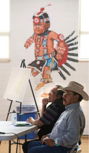 Steve Griffin / The Salt Lake Tribune

Utah Dine Bikeyah board members Jonah Yellowman and Albert Holiday answer questions during a stop at the Urban Indian Center in Salt Lake City Wednesday June 1, 2016.  Five board members are touring the state meeting with Native Americans to drum up support for the Bears Ears national monument and answer questions in the face of allegations their groups is a front for outside environmental groups.