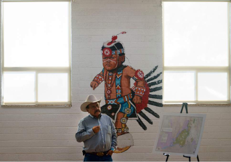 Steve Griffin / The Salt Lake Tribune

Utah Dine Bikeyah board member Albert Holiday listens as Utah Dine Bikeyah chairman Willie Grayeyes answers questions during a stop at the Urban Indian Center in Salt Lake City Wednesday June 1, 2016.  Five board members are touring the state meeting with Native Americans to drum up support for the Bears Ears national monument and answer questions in the face of allegations their groups is a front for outside environmental groups.