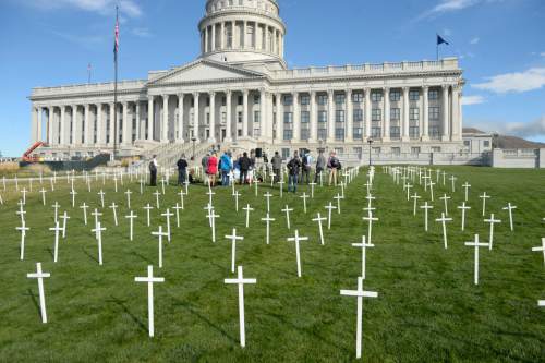 Al Hartmann  |  The Salt Lake Tribune
361 crosses were placed on the front lawn of the Utah State Capitol Thursday Oct. 21 for Alliance for a Better Utah to make a visual point for their press conference.  Today marks 657 days since the Utah Legislature had the first opportunity to grant access to affordable healthcare for thousands of Utahns most in need. Better Utah estimates that as many as 361 Utahns (represented by the rows of crosses) have died because they don't have access to affordable healthcare.