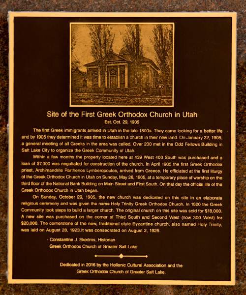 Rick Egan  |  The Salt Lake Tribune

The Hellenic Cultural Association monument placed a plaque at the site of the original Holy Trinity Church, which was located at 439 W. 400 South and was built in 1905, 111 years ago. Monday, June 6, 2016.