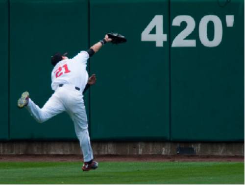 Steve Griffin / The Salt Lake Tribune

Utah centerfielder DeShawn Keirsey makes a spectacular over the shoulder catch on a long fly ball saving multiple runs from scoring during first game of a series against Washington for the Pac-12 title and an NCAA berth at Smith's Ballpark  in Salt Lake City Friday May 27, 2016. Washington defeated Utah 5-4.