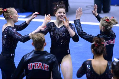 Leah Hogsten  |  The Salt Lake Tribune
Utah's Samantha Partyka took third place in floor exercise with a score of 9.875. University of Utah No. 6 gymnasts defeated  No. 11 Oregon State during their Pac-12 meet in Salt Lake City, January 23, 2016.