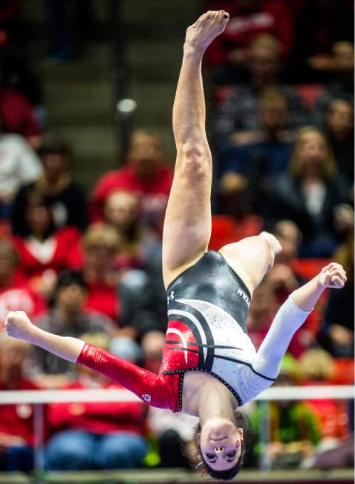 Chris Detrick  |  The Salt Lake Tribune
Utah's Samantha Partyka competes on the beam during the gymnastics meet against BYU at the Huntsman Center Friday January 8, 2016.