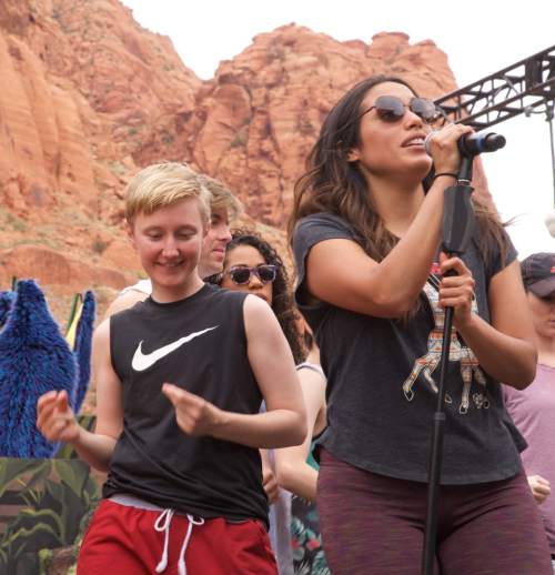 Lynn R. Johnson  |  Special to The Salt Lake Tribune


Belen Moyano, right, who plays Kala, and Em Grosland, one of the apes in "Tarzan," during a May 20 rehearsal at the Tuacahn Amphitheater in Ivins. Grosland also stars as Peter Pan in the 2016 season.