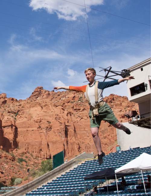 Lynn R. Johnson  |  Special to The Salt Lake Tribune

Em Grosland, who plays Peter Pan, flies over the seats at the Tuacahn Amphitheater on May 25. The aerial acts are coordinated and supervised by Paul Rubin, the "Fly Guy."