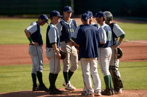 Leah Hogsten  |  The Salt Lake Tribune
Timpanogos coach Kim Nelson talks with his team in the second inning. Timpangos High School boys baseball team defeated the Orem Tigers 11-1 in 5 innings to win the 4A State Baseball Championship, May 27, 2016 at Utah Valley University's Brent Brown Ballpark.