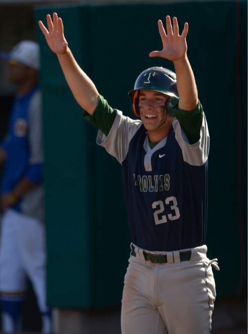 Leah Hogsten  |  The Salt Lake Tribune
Timpanogos's Brayden Millet (23)  celebrates the start of a 6-run lead in the third inning.  Timpangos High School boys baseball team defeated the Orem Tigers 11-1 in 5 innings to win the 4A State Baseball Championship, May 27, 2016 at Utah Valley University's Brent Brown Ballpark.