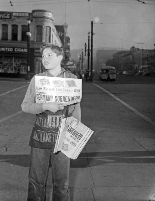 A boy sells copies of The Salt Lake Tribune on VE Day, May 8, 1945. Courtesy Utah State Historical Society/Salt Lake Tribune collection