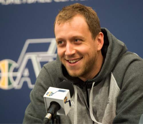 Rick Egan  |  The Salt Lake Tribune

Joe Ingles talks about the Jazz season, during a press conference at the Jazz practice facility, Thursday, April 14, 2016.