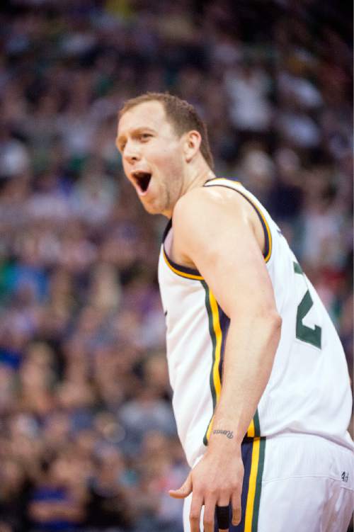 Lennie Mahler  |  The Salt Lake Tribune

Joe Ingles celebrates a three-point basket during the home season closer against the Dallas Mavericks on Monday, April 11, 2016, at Vivint Smart Home Arena.