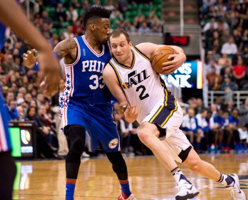 Lennie Mahler  |  The Salt Lake Tribune

Joe Ingles drives on Robert Covington in the first half of a game against the Philadelphia 76ers at Vivint Smart Home Arena, Monday, Dec. 28, 2015.