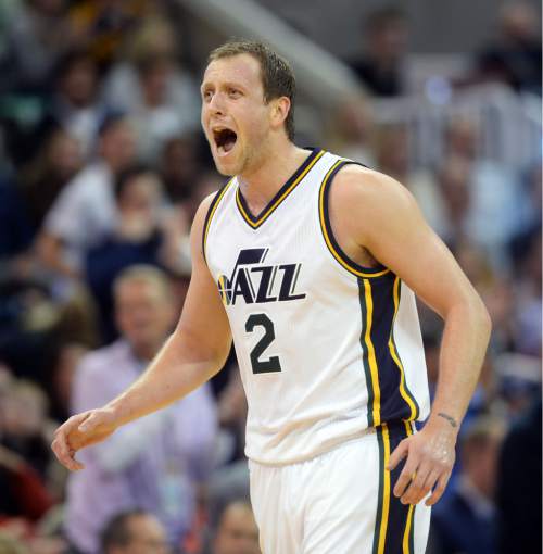 Steve Griffin  |  The Salt Lake Tribune

Utah Jazz forward Joe Ingles (2) screams as he tries to get the crowd going as the Jazz mount a comeback during the Utah Jazz versus Portland Trailblazers NBA basketball game at Vivint Smart Home Arena in Salt Lake City, Wednesday, November 4, 2015.