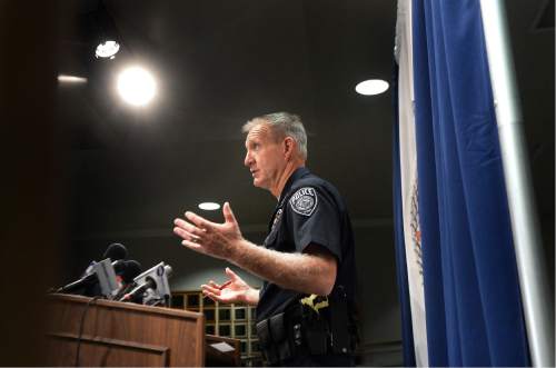 Scott Sommerdorf   |  The Salt Lake Tribune  
UPD's Jim Winder speaks to the media with an update on the arrest / shooting of suspect involved in the slaying of Magna woman, Friday, June 3, 2016.