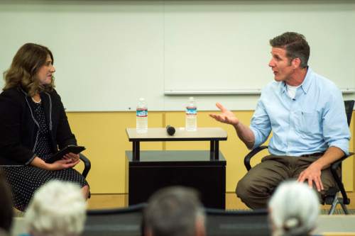 Chris Detrick  |  The Salt Lake Tribune
Dan Diaz, widower of Brittany Maynard, speaks to Jennifer Napier-Pearce, Hinckley Institute of Politics,  about expanding the availability of end-of-life options for terminally ill, at the Eccles Health Sciences Education Building Tuesday June 14, 2016. Diaz spoke at public event with the League of Women Voters and advocates of the Utah End of Life Choices Act, who have tried for two years now to get a "death with dignity" bill passed in Utah. In 2014, Diaz moved from California to Oregon with his late wife Brittany Maynard in order for Maynard to take advantage of the state's Death With Dignity law.