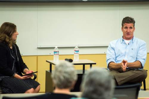 Chris Detrick  |  The Salt Lake Tribune
Dan Diaz, widower of Brittany Maynard, speaks to Jennifer Napier-Pearce, Hinckley Institute of Politics,  about expanding the availability of end-of-life options for terminally ill, at the Eccles Health Sciences Education Building Tuesday June 14, 2016. Diaz spoke at public event with the League of Women Voters and advocates of the Utah End of Life Choices Act, who have tried for two years now to get a "death with dignity" bill passed in Utah. In 2014, Diaz moved from California to Oregon with his late wife Brittany Maynard in order for Maynard to take advantage of the state's Death With Dignity law.