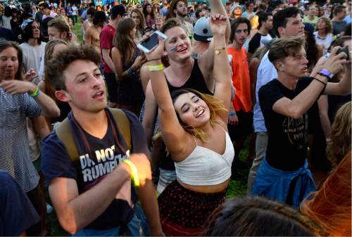 Scott Sommerdorf   |  The Salt Lake Tribune  
The crowd dances as they listen to "Junior Junior" on the Bonanza stage at Bonanza Campout at Rivers Edge Resort in Heber on Friday, June 8, 2016.
