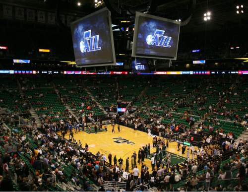 Steve Griffin  |  The Salt Lake Tribune

The new big screen scoreboard hangs from the ceiling prior to the start of the Jazz versus Golden State preseason NBA basketball game at EnergySolutions Arena in Salt Lake City, Utah Tuesday, October 8, 2013.