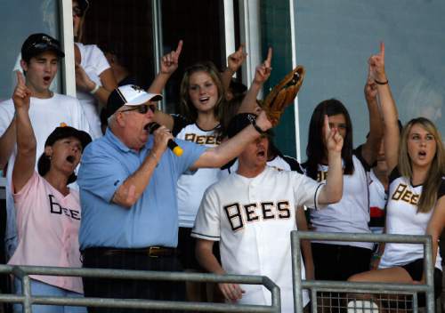 Scott Sommerdorf  |  Salt Lake Tribune

Former Utah Jazz coach Frank Layden sings "Take Me Out To The Ballgame" during the seventh-inning stretch. The Salt Lake Bees played the final game of the 2009 PCL season Monday, losing to the Sacramento River Cats 10-4.