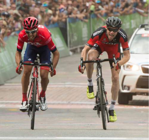 Rick Egan  |  The Salt Lake Tribune

Lachlan Norris and Brent Bookwalter are neck and neck on the final climb up Park City's Main Street, in Tour of Utah Stage 7, Sunday, Aug. 9, 2015. Norris edged out Bookwalter to win the stage.